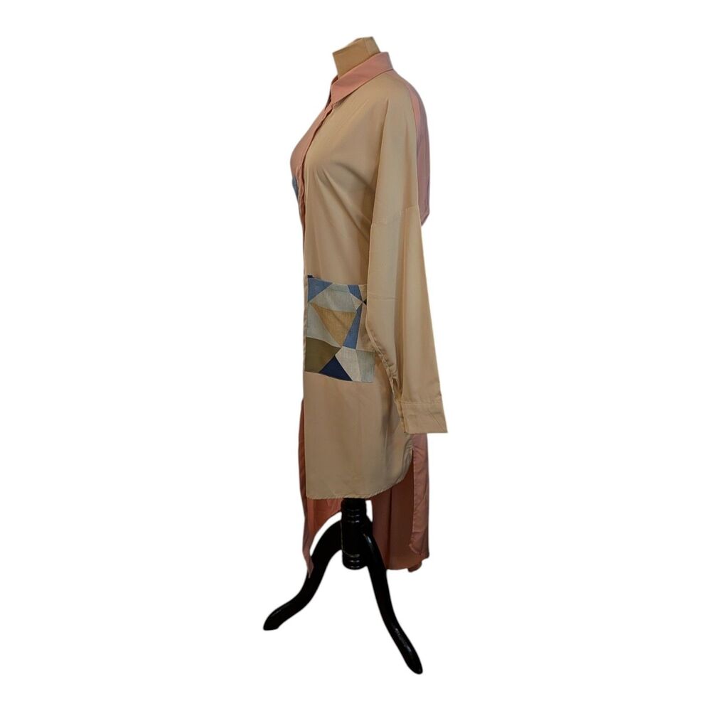 Boho Color Block Shirt Dress Maxi Asymmetric Patchwork Pastel Pink Beige Medium - Picture 2 of 9